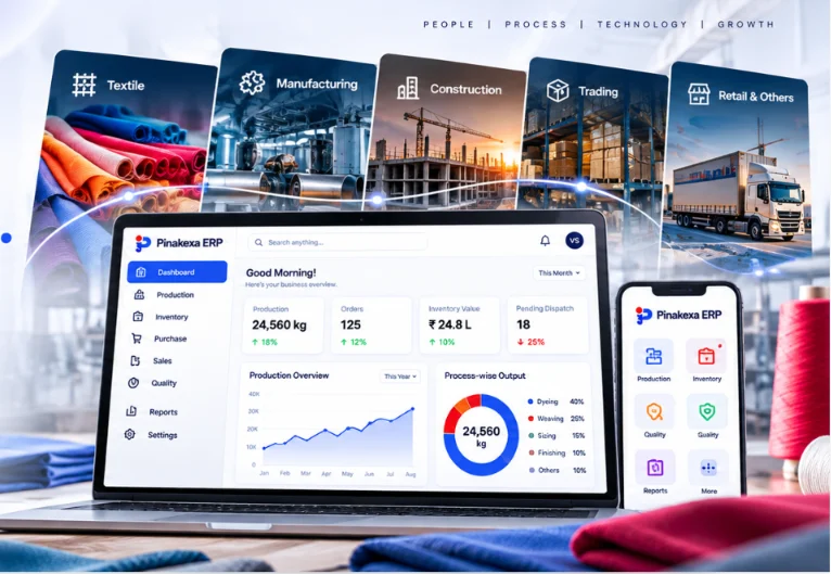Pinakexa ERP on laptop and phone, built for textile, manufacturing, construction, trading and retail