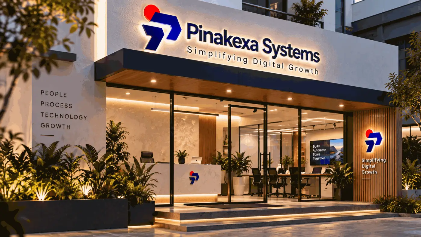 Pinakexa Systems office front with the brand sign: Simplifying Digital Growth